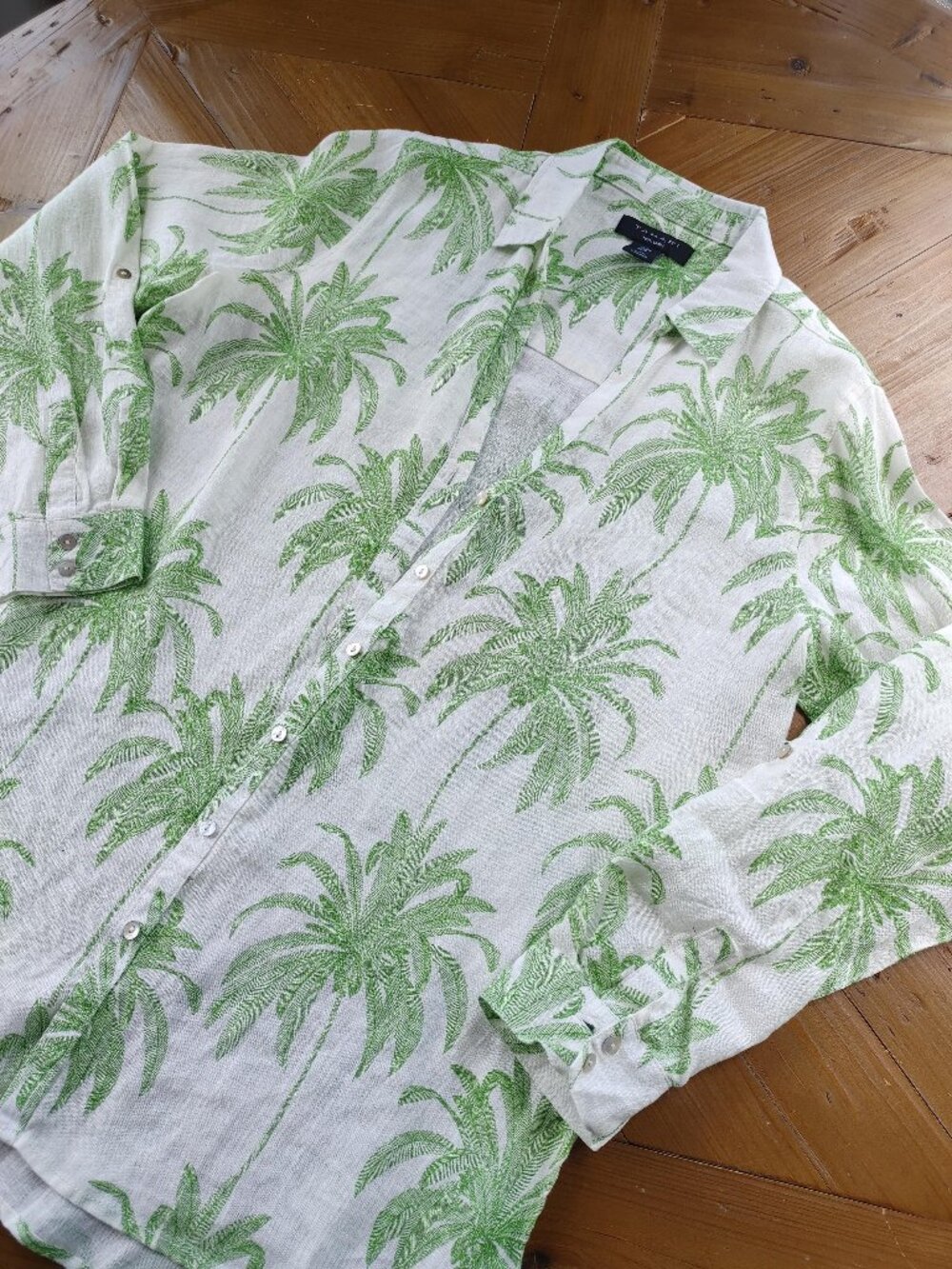 Tahari Green White Floral Long Sleeve 100% Linen Mother of Pearl Buttons size M